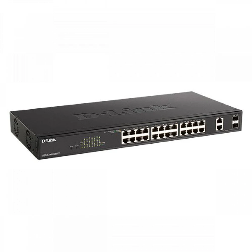 Коммутатор D-Link DGS-1100-26MPV2/A3A Настраиваемый L2 коммутатор с 24 портами 10/100/1000Base-T и 2 комбо-портами 100/1000Base-T/SFP (24 порта PoE 802.3af/at, PoE-бюджет 370 Вт)