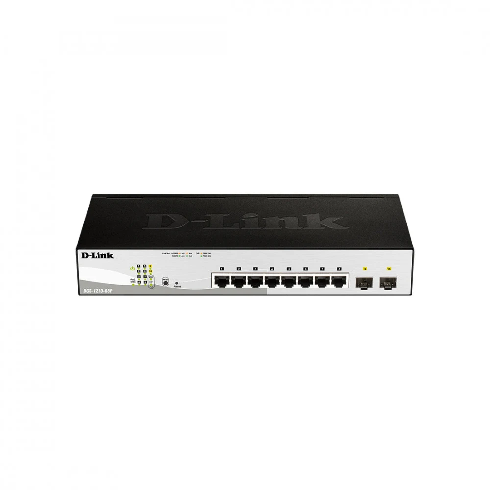 Коммутатор D-Link DGS-1210-08P/G3A Настраиваемый L2 коммутатор с 8 портами 10/100/1000Base-T и 2 портами 1000Base-X SFP (8 портов PoE 802.3af/at, PoE-бюджет 65 Вт)