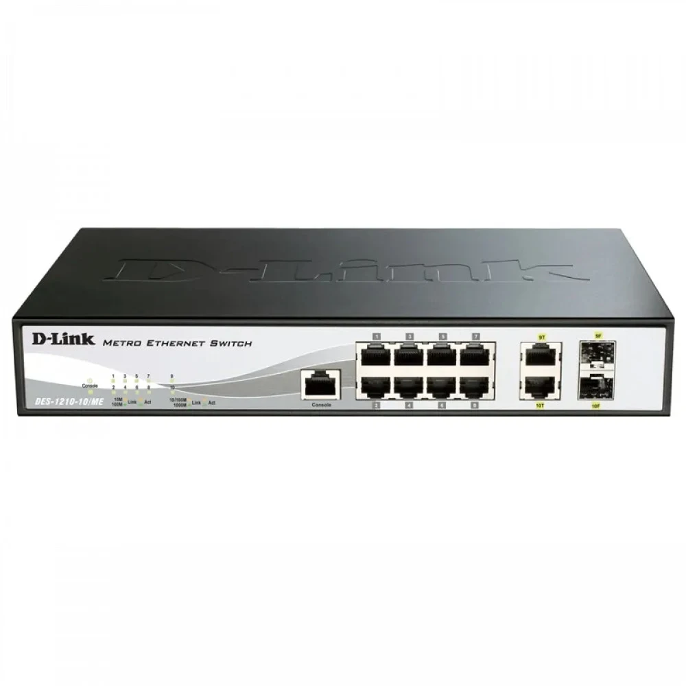 Коммутатор D-Link Управляемый L2 коммутатор, 8x1000Base-T, 2x1000Base-X SFP, защита от статического электричества до 6 кВ, CLI, консольный порт RJ-45, RPS, поддержка Dying Gasp