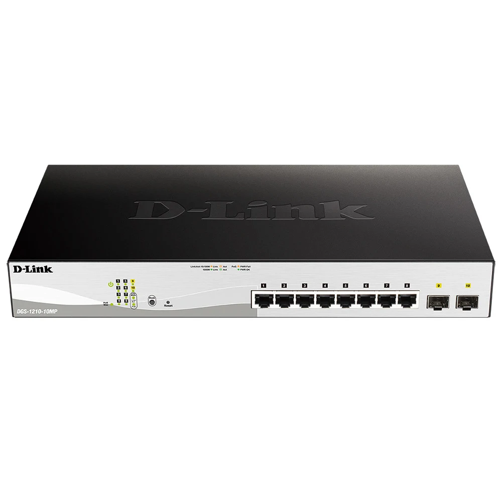 Коммутатор D-Link DGS-1210-10MP/F1A Настраиваемый коммутатор WebSmart с 8 портами 10/100/1000Base-T и 2 портами 1000Base-X SFP (8 портов с поддержкой PoE 802.3af/802.3at (30 Вт), PoE-бюджет 130 Вт),