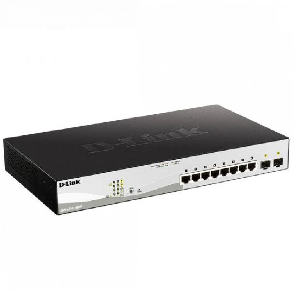 Коммутатор D-Link DGS-1210-10MP/F3A Настраиваемый L2 коммутатор с 8 портами 10/100/1000Base-T и 2 портами 1000Base-X SFP (8 портов PoE 802.3af/at, PoE-бюджет 130 Вт)