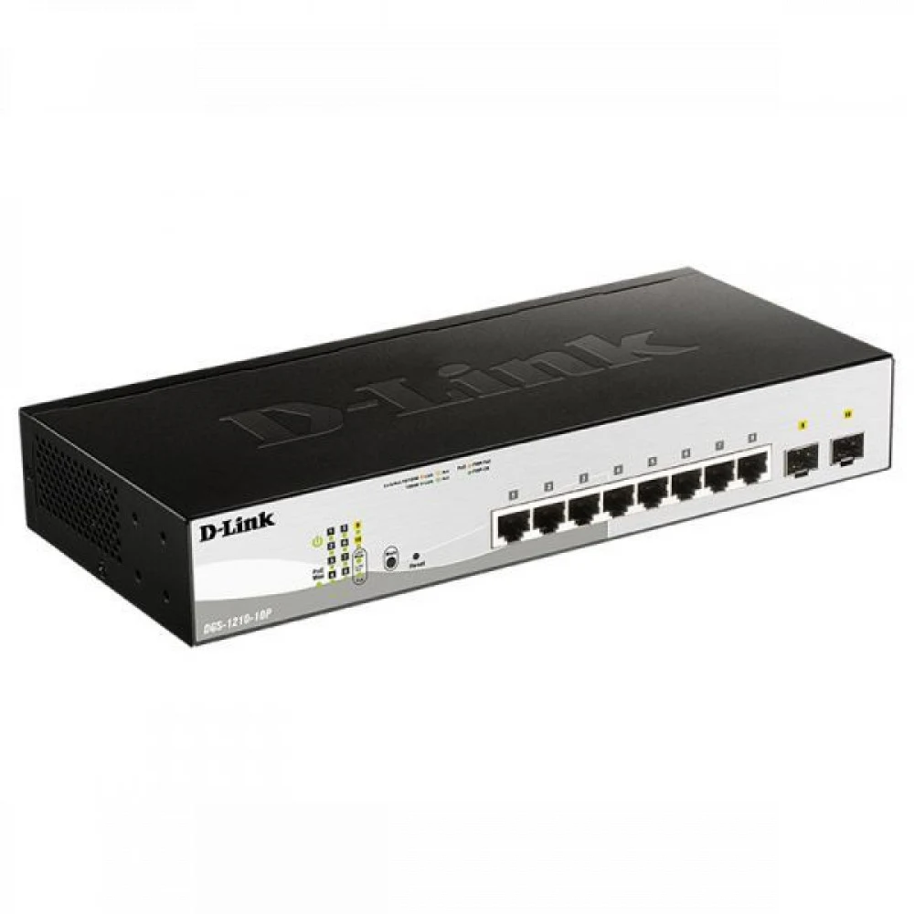 Коммутатор D-Link DGS-1210-10P/F3A Настраиваемый L2 коммутатор с 8 портами 10/100/1000Base-T и 2 портами 1000Base-X SFP (8 портов PoE 802.3af/at, PoE-бюджет 65 Вт)