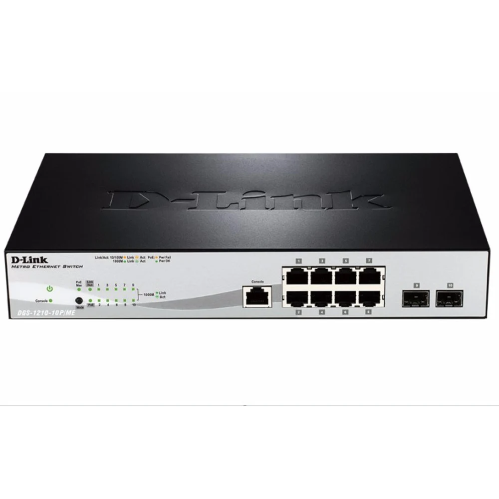D-Link DGS-1210-10P/ME/A1A Управляемый коммутатор 2 уровня с 8 портами 10/100/1000Base-T и 2 портами 1000Base-X SFP (8 портов с поддержкой PoE 802.3af/802.3at (30 Вт), PoE-бюджет 78 Вт) Характеристи