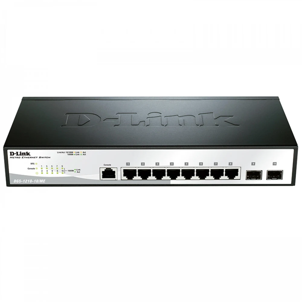 Коммутатор D-Link Управляемый L2 коммутатор, 8x1000Base-T, 2x10GBase-X SFP+, защита от статического электричества до 6 кВ, CLI, консольный порт RJ-45, RPS, поддержка Dying Gasp