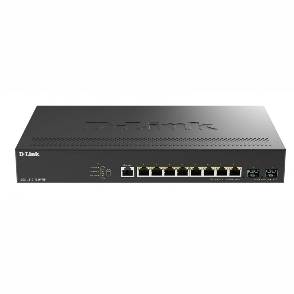 Коммутатор D-Link Управляемый L2 коммутатор, 8x1000Base-T, 2x10GBase-X SFP+, защита от статического электричества до 6 кВ, CLI, консольный порт RJ-45, RPS, поддержка Dying Gasp