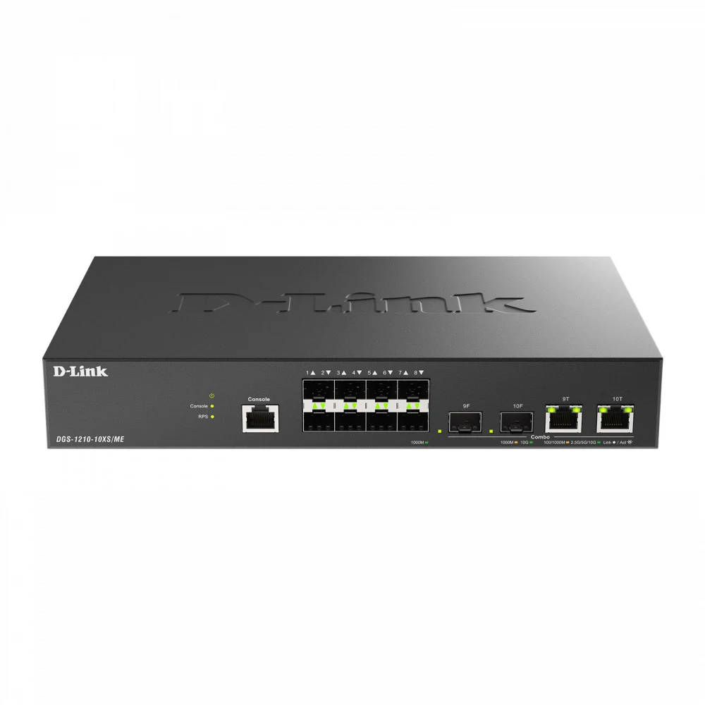 коммутатор D-Link Управляемый L2 коммутатор, 8x1000Base-X SFP, 2xCombo 10GBase-T/SFP+, защита от статического электричества до 6 кВ, CLI, консольный порт RJ-45, RPS, поддержка Dying Gasp