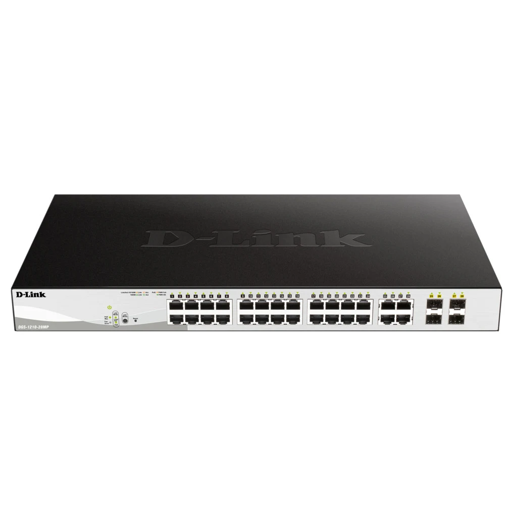 Коммутатор D-Link DGS-1210-28MP Коммутатор, D-Link, DGS-1210-28MP/F1A, 19-дюймовый стоечный, 24 порта 10/100/1000M RJ45 + 4 комбо-порта SFP, Управляемый, Корпус металл, 1U, PoE (802.3af/802.3at), Po