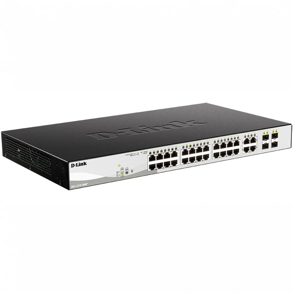 Коммутатор D-Link DGS-1210-28MP/F4A Настраиваемый L2 коммутатор с 24 портами 10/100/1000Base-T и 4 комбо-портами 100/1000Base-T/SFP (24 порта PoE 802.3af/at, PoE-бюджет 370 Вт)