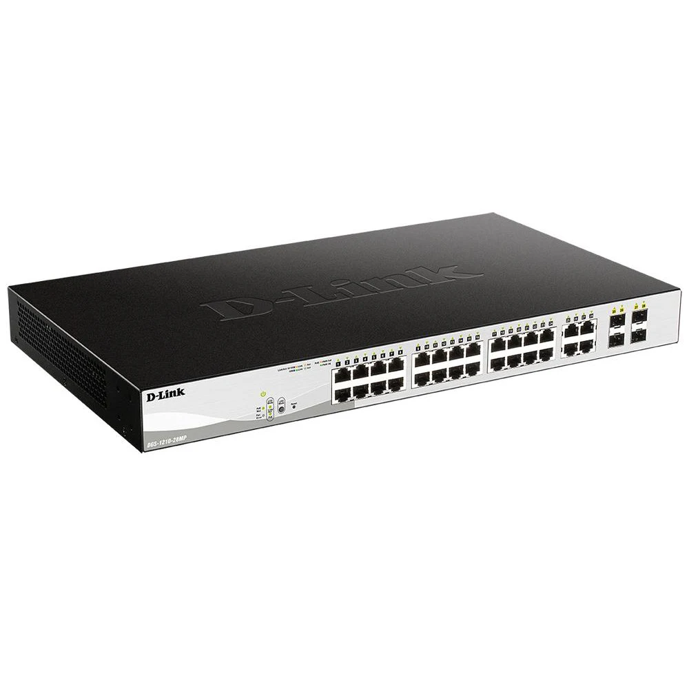 D-Link DGS-1210-28MP/FL1A, L2 Managed Switch with 24 10/100/1000Base-T ports and 4 100/1000Base-T/SFP combo-ports (24 PoE ports 802.3af/802.3at (30 W), PoE Budget 370 W).8K Mac address, 802.3x Flow