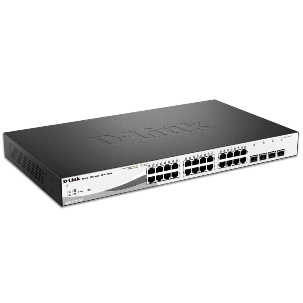 D-Link DGS-1210-28P Настраиваемый коммутатор WebSmart с 24 портами 10/100/1000Base-T и 4 комбо-портами 100/1000Base-T/SFP (24 порта с поддержкой PoE 802.3af/802.3at (30 т), PoE-бюджет 193 т)