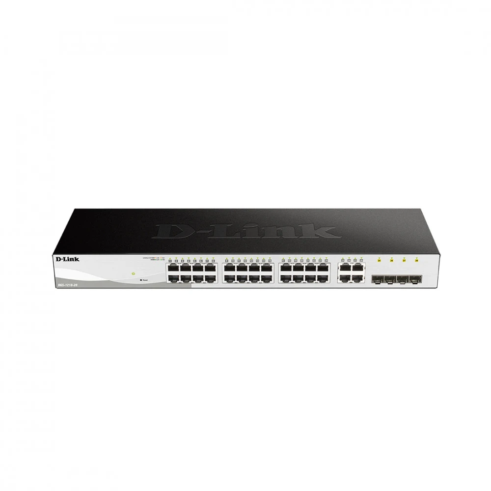 Коммутатор, D-Link, DGS-1210-28P/FL2A, 19-дюймовый стоечный, 24 порта 10/100/1000M RJ45+4 порта SFP, Управляемый, Корпус металл, 1U, PoE (802.3af/802.3at), PoE бюджет 193 Вт