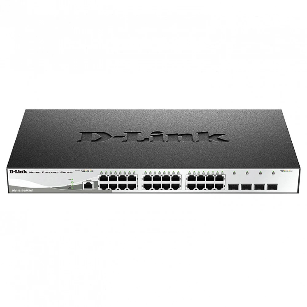 Коммутатор D-Link DGS-1210-28X/ME/C1A Управляемый L2 коммутатор, 24x1000Base-T, 4x10GBase-X SFP+, защита от статического электричества до 6 кВ, CLI, консольный порт RJ-45, RPS, поддержка Dying Gasp