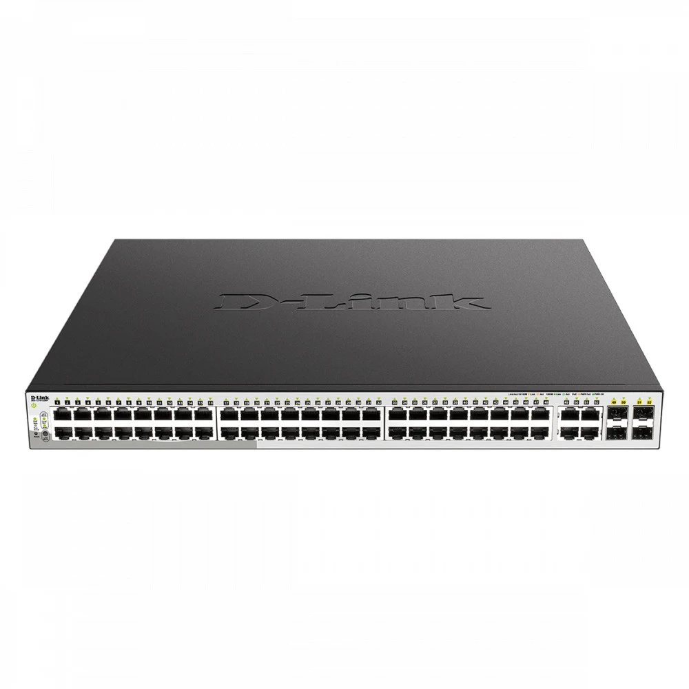 Коммутатор D-Link DGS-1210-52MP/F4A Настраиваемый L2 коммутатор с 48 портами 10/100/1000Base-T и 4 комбо-портами 100/1000Base-T/SFP (48 портов PoE 802.3af/at, PoE-бюджет 370 Вт)