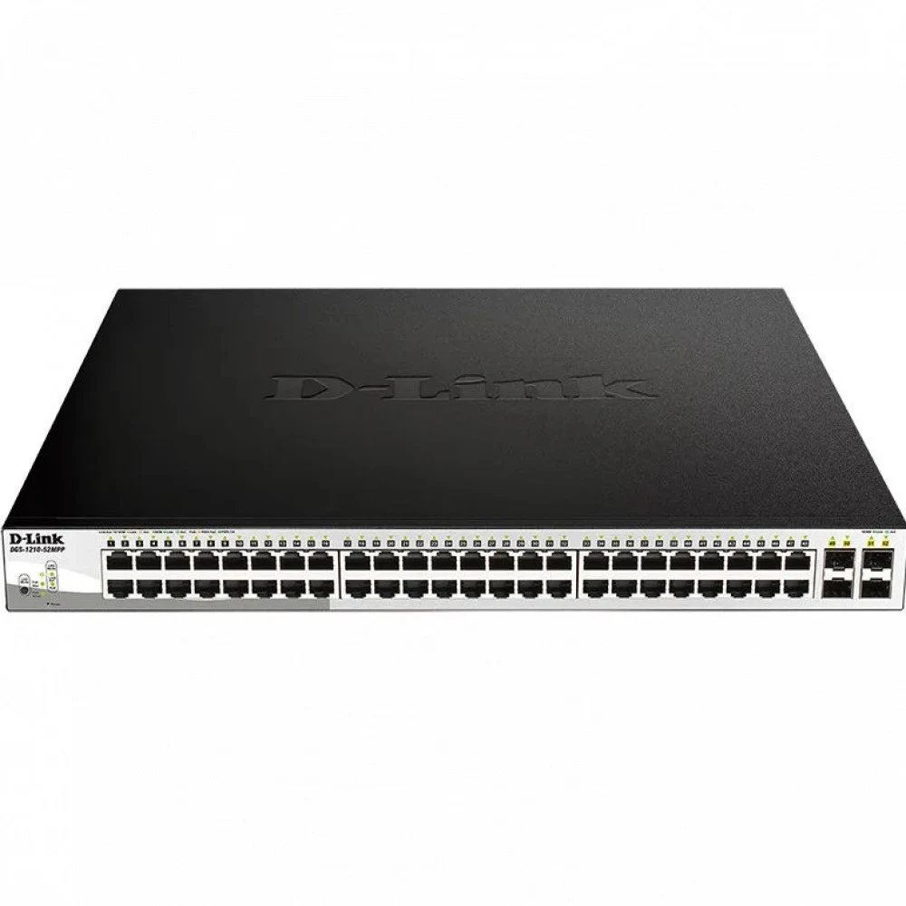 D-Link DGS-1210-52MPP/E2A PROJ Настраиваемый коммутатор WebSmart с 48 портами 10/100/1000Base-T и 4 портами 1000Base-X SFP (порты 1-48 с поддержкой PoE 802.3af/802.3at (30 Вт), PoE-бюджет 740 Вт)