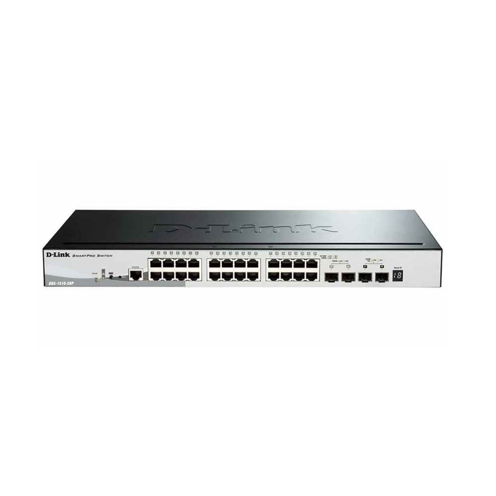 D-Link Коммутатор DGS-1510-28P/A1A Управляемый стекируемый коммутатор SmartPro с 24 портами 10/100/1000Base-T, 2 портами 1000Base-X SFP и 2 портами 10GBase-X SFP+ (24 порта с поддержкой PoE 802.3af/