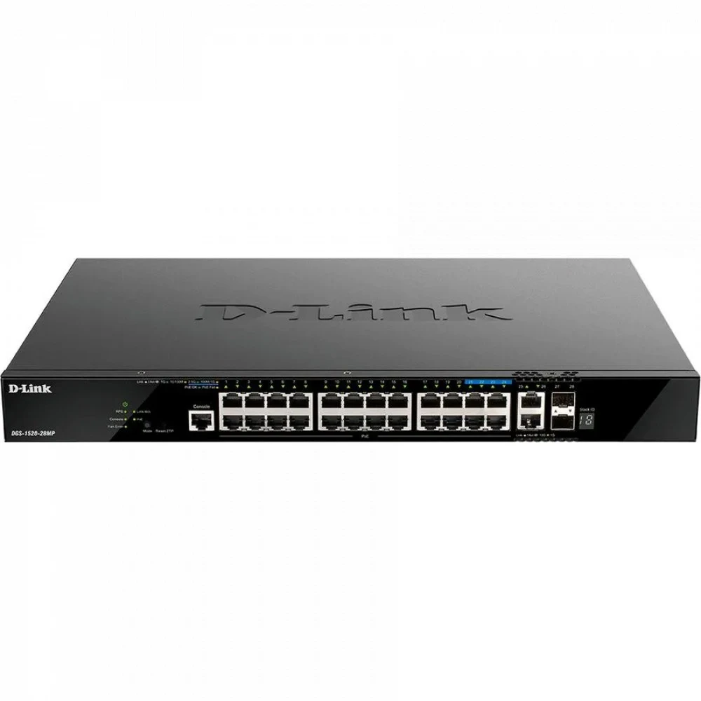 Коммутатор D-Link DGS-1520-28MP/A1A Управляемый L3 стекируемый коммутатор с 20 портами 10/100/1000Base-T, 4 портами 100/1000/2.5GBase-T, 2 портами 10GBase-T и 2 портами 10GBase-X SFP+ (24 порта PoE
