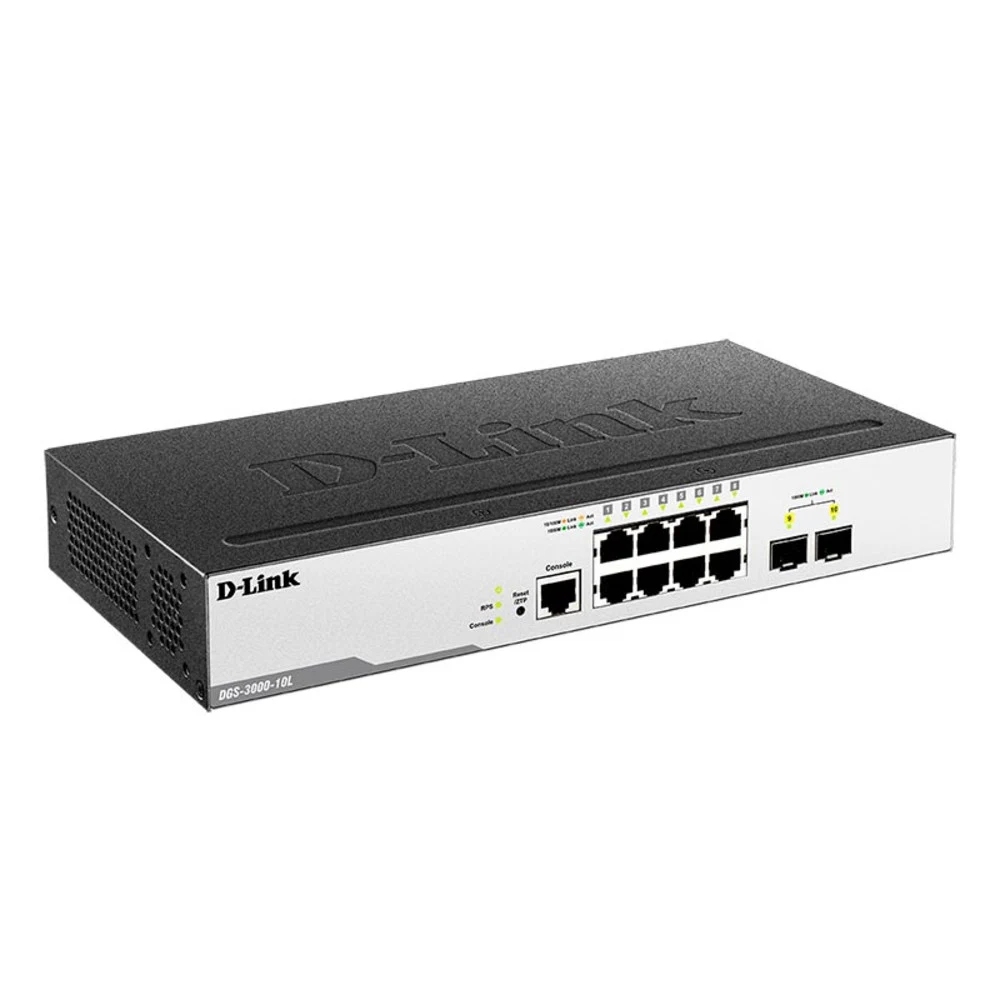Managed Switch with 8 10/100/1000Base-T ports and 2 1000Base-X SFP ports.16K Mac address, 802.3x Flow Control, 4K of 802.1Q VLAN, VLAN Trunking, 802.1p Priority Queues, Traffic Segmentation, Bandwid