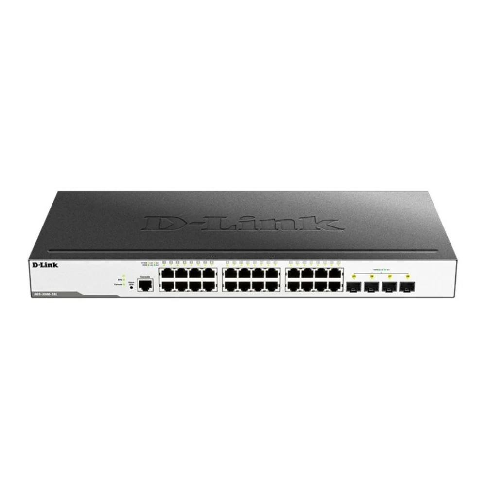 Коммутатор D-Link Управляемый L2 коммутатор, 24x1000Base-T, 4x1000Base-X SFP, защита от статического электричества до 6 кВ, CLI, консольный порт RJ-45, RPS, поддержка Dying Gasp