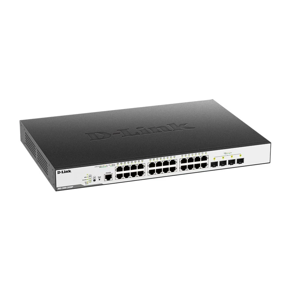 D-Link DGS-3000-28XMP/B1A Управляемый коммутатор 2 уровня с 24 портами 10/100/1000Base-T и 4 портами 10GBase-X SFP+ (24 порта с поддержкой PoE 802.3af/802.3at (30 Вт), PoE-бюджет 370 Вт)
