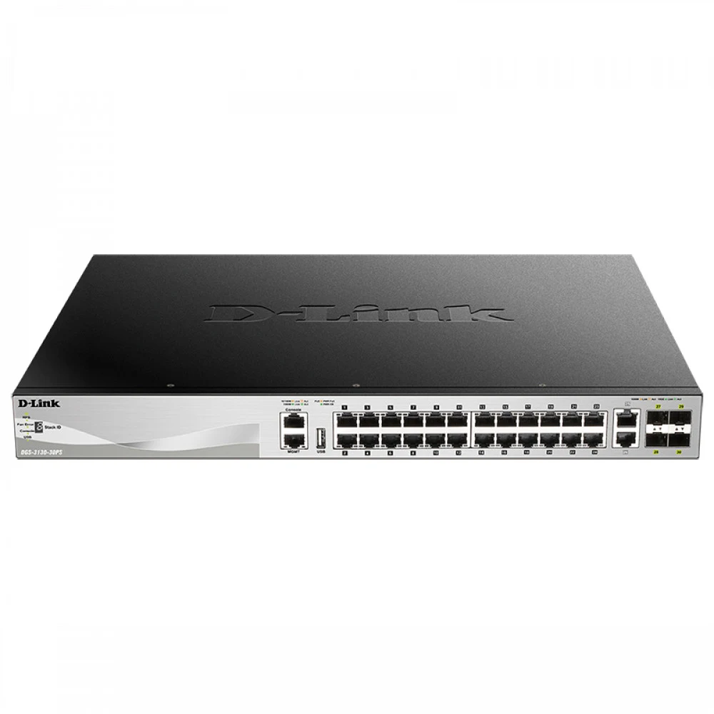 Коммутатор D-Link DGS-3130-30PS/B2A Управляемый L3 стекируемый коммутатор с 24 портами 10/100/1000Base-T, 2 портами 10GBase-T и 4 портами 10GBase-X SFP+ (24 порта PoE 802.3af/at, PoE-бюджет 370 Вт 7