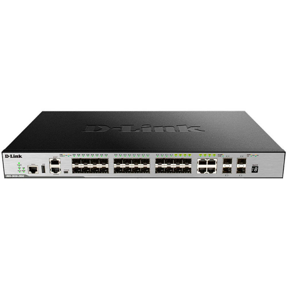 Коммутатор/ DGS-3630-28SC/A1ASI,DGS-3630-28SC/*SI Managed L3 Stackable Switch 20x1000Base-X SFP, 4x10GBase-X SFP+, 4xCombo 1000Base-T/SFP, Surge 6KV, CLI, 1000Base-T Management, RJ45 Console, mini-U