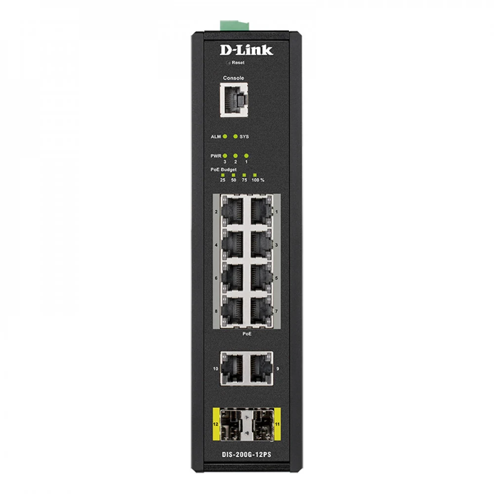 Коммутатор/ DIS-200G-12PS Managed L2 Industrial Switch 10x1000Base-T (8x1000Base-T PoE), 2x1000Base-X SFP, PoE Budget 123W, Surge 6KV, CLI, RJ45 Console, Alarm relay, Dying Gasp, DIN-Rail, metal cas