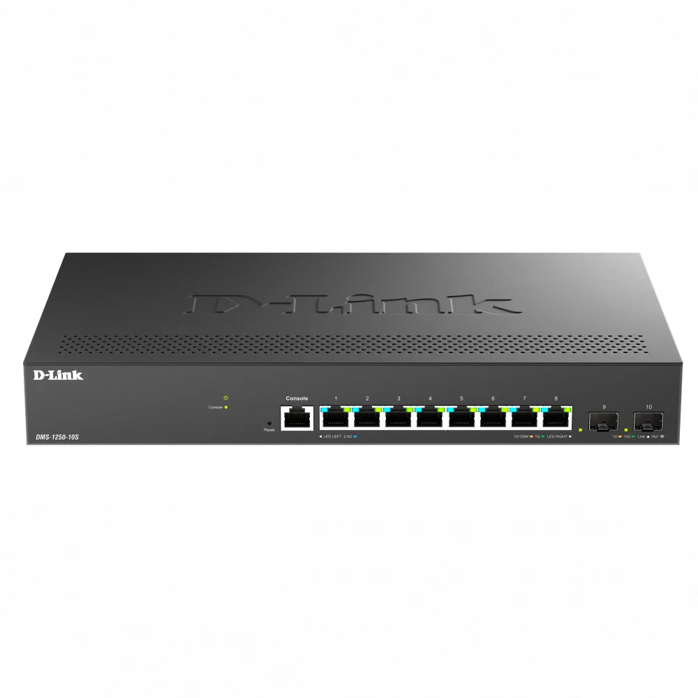 Коммутатор D-Link Управляемый L2 коммутатор, 8x2.5GBase-T, 2x10GBase-X SFP+, защита от статического электричества до 6 кВ, CLI, консольный порт RJ-45