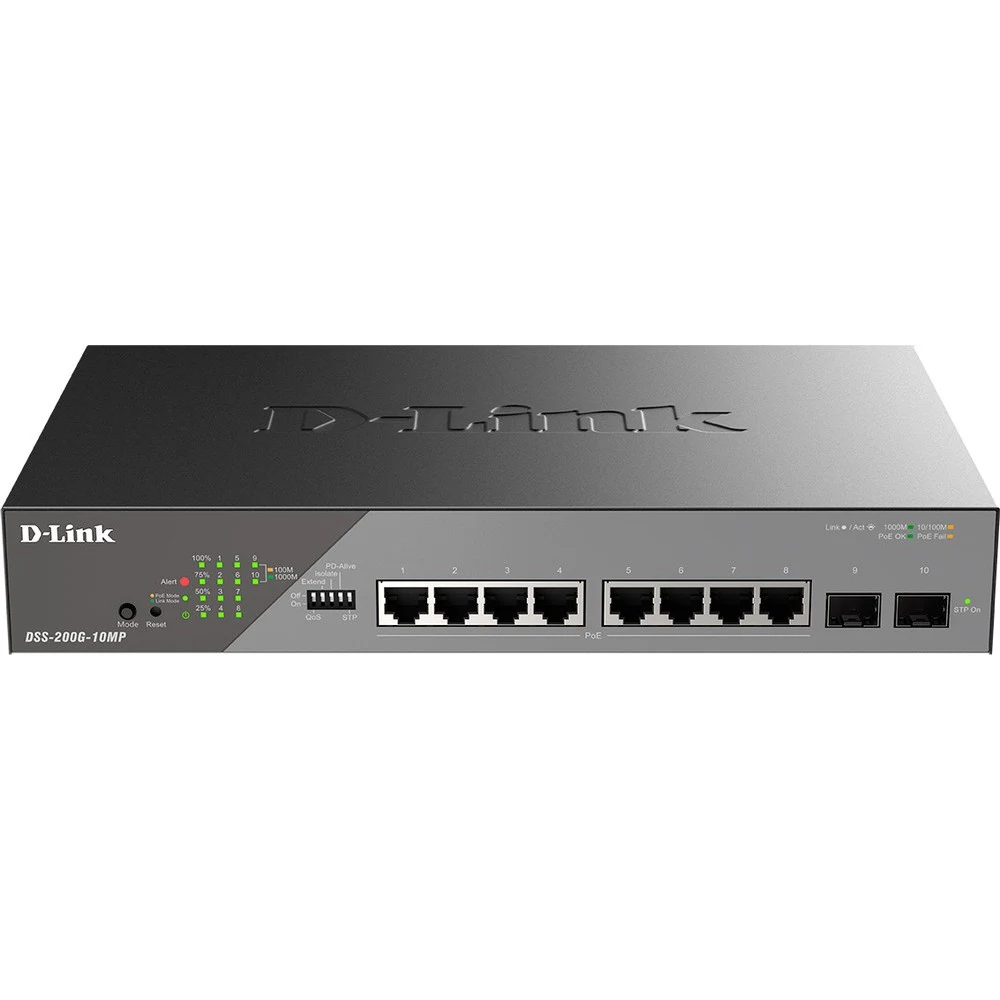 Коммутатор D-Link DSS-200G-10MP/A1A Управляемый L2 коммутатор с 8 портами 10/100/1000Base-T, 2 портами 1000Base-X SFP и DIP-переключателем (8 портов PoE 802.3af/at, PoE-бюджет 130 Вт, дальность до 2