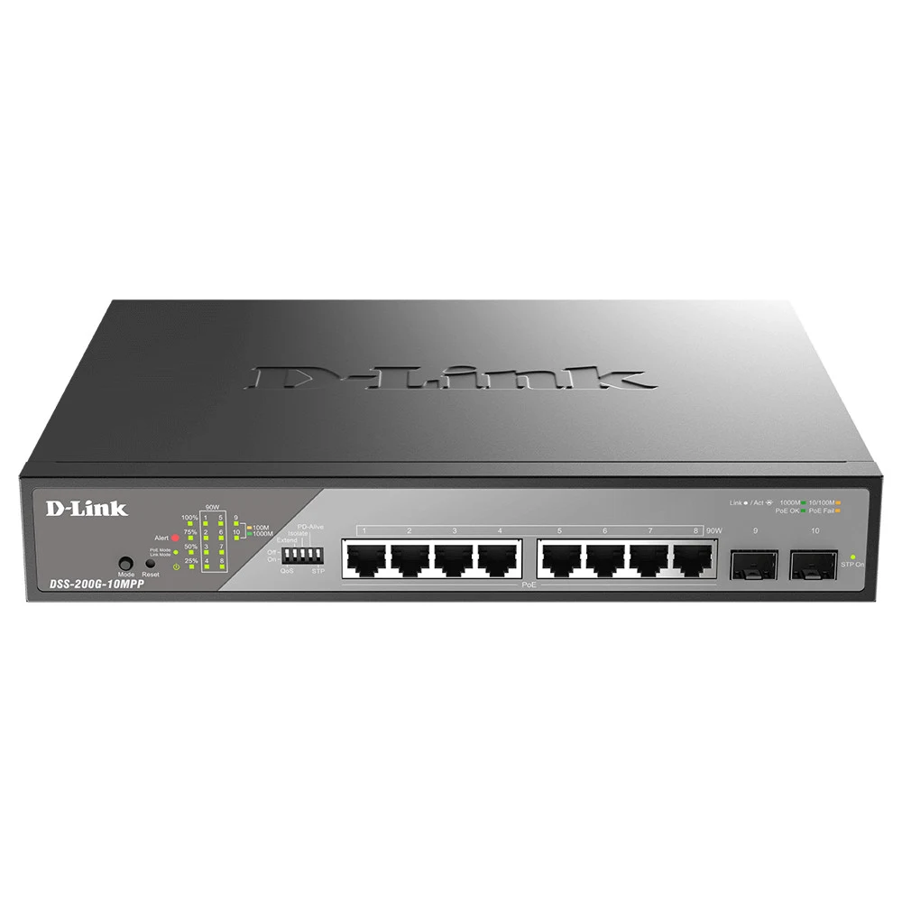 Коммутатор D-Link DSS-200G-10MPP/A1A Настраиваемый L2 коммутатор с 8 портами 10/100/1000Base-T и 2 портами 1000Base-X SFP (8 портов PoE 802.3af/at/bt, PoE-бюджет 242 Вт, дальность до 250 м)