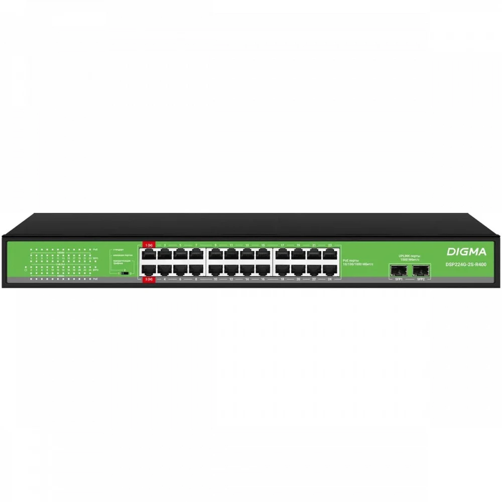 Коммутатор Digma DSP224G-2S-R400 (L2) 24x1Гбит/с 2SFP 24PoE 24PoE+ 2PoE++ 400W неуправляемый