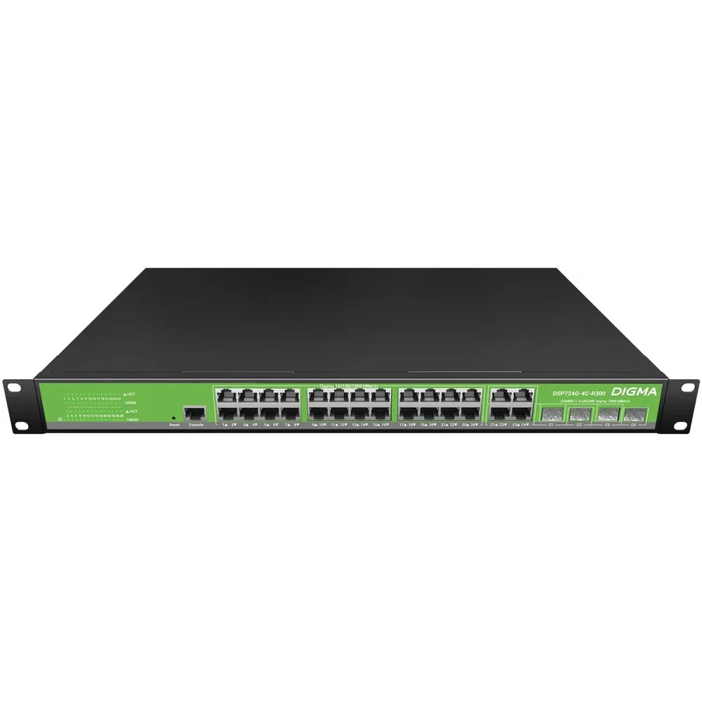 Коммутатор Digma DSP724G-4C-R300 (L2+) 24x1Гбит/с 4xКомбо(1000BASE-T/SFP) 24PoE 24PoE+ 300W управляемый