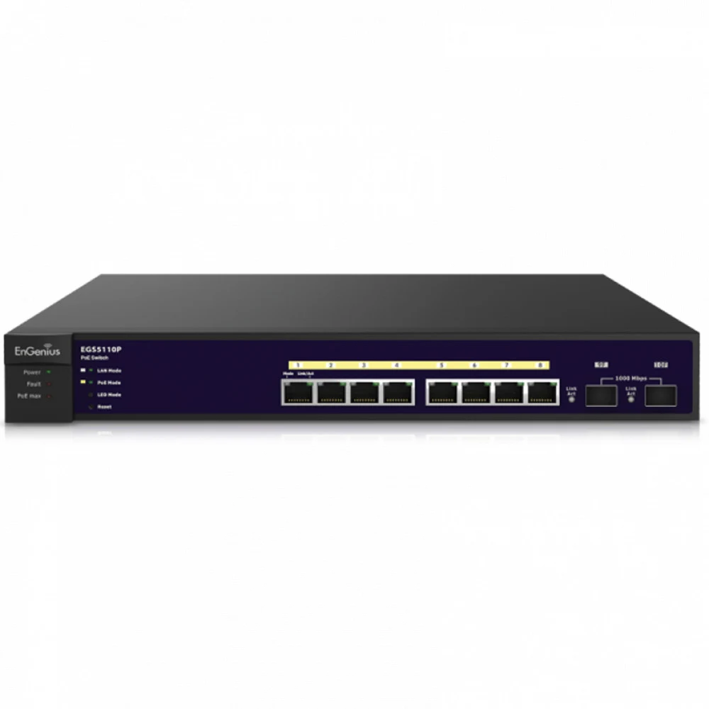 Гигабитный интелектуальный коммутатор PoE EGS5110P, 8 Gigabit LAN PoE 802.3at/af (бюджет 130Вт, макс. 30Вт на порт), 2 SFP slots, PoE Management, Loopback Detection, IGMP Snooping, Bandwidth Control