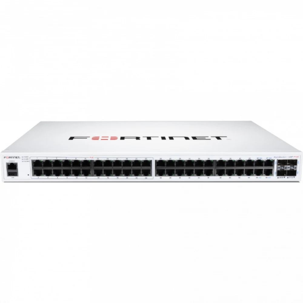 FortiSwitch-148F-FPOE is a performance/price competitive L2+ management switch with 48x GE port + 4x SFP+ port + 1x RJ45 console. Port 1- 48 are POE ports with automatic Max 740W POE output limit (4
