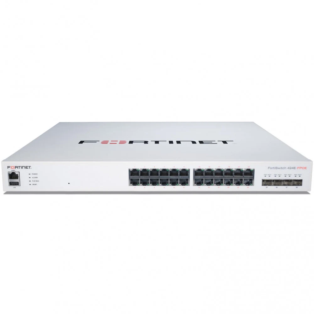 FortiSwitch-424E-FPOE Layer 2/3 FortiGate switch controller compatible PoE+ switch with 24 x GE RJ45 ports, 4 x 10 GE SFP+, with automatic Max 421W POE output limit