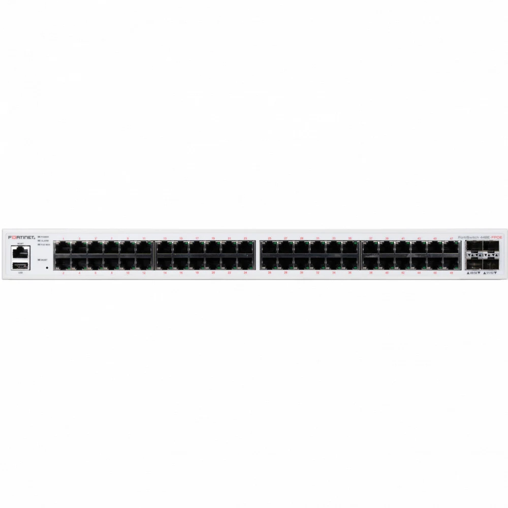FortiSwitch-448E-FPOE Layer 2/3 FortiGate switch controller compatible PoE+ switch with 48 x GE RJ45 ports, 4 x 10 GE SFP+, with automatic Max 772W POE output limit