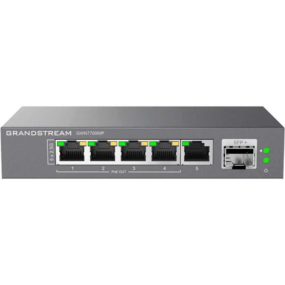 Коммутатор, Grandstream, GWN7700MP, Неуправляемый мультигигабитный, 5 портов RJ-45 100/1000/2500 Мбит/с, 1 порт SFP+, PoE 802.3 af/at, До 30 Вт на каждом порте,бюджет мощности: 60 Вт, Настольный/нас