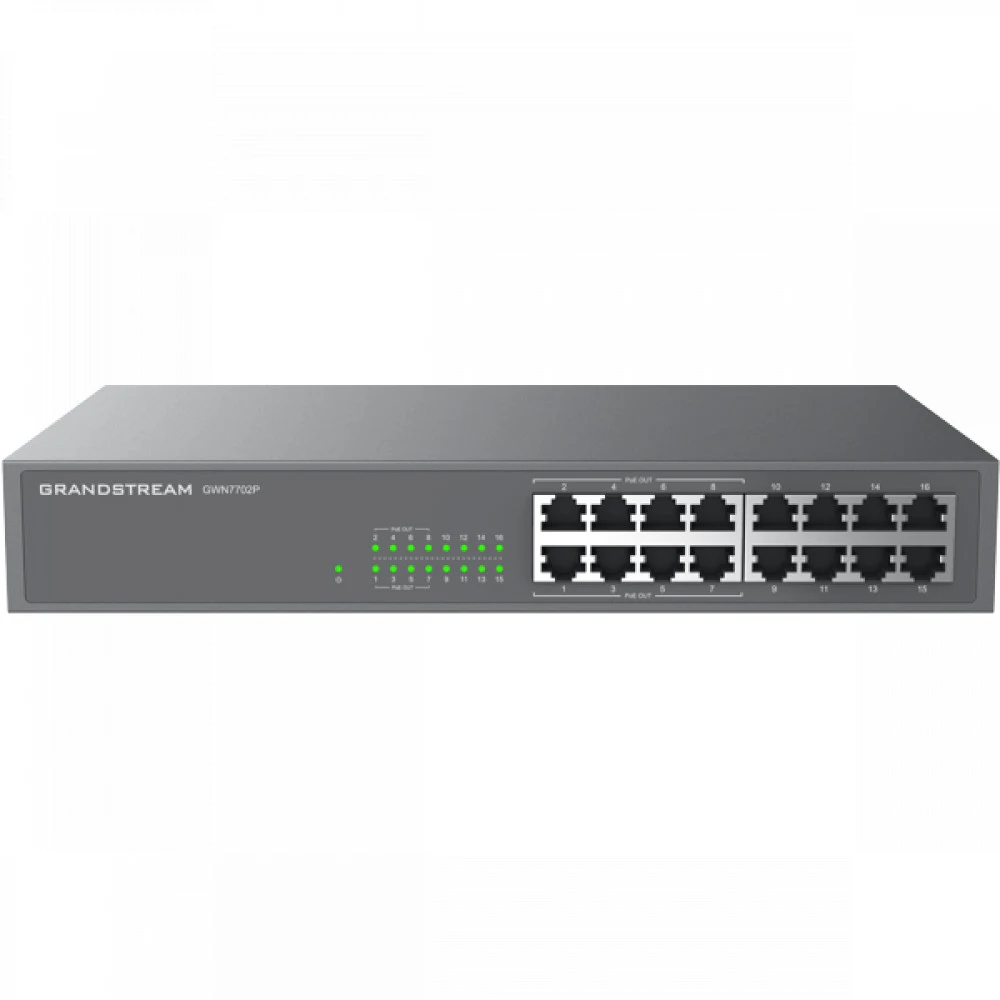 Коммутатор, Grandstream, GWN7702P, Неуправляемый, 16 портов RJ-45 10/100/1000 Мбит/с, 8 портов PoE 802.3 af/at, бюджет РоЕ: 138 Вт, Настольный/в стойку, корпус металлический