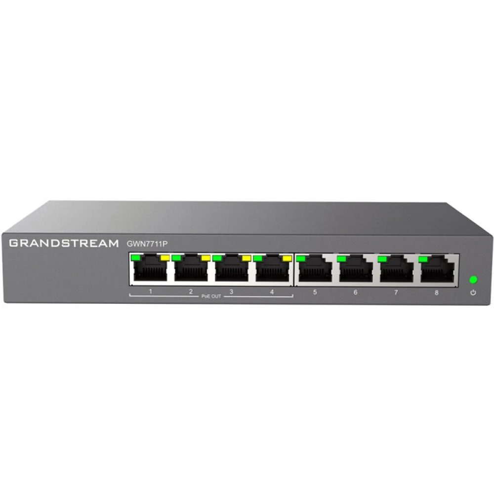 Коммутатор, Grandstream, GWN7711P, управляемый L2, 8 портов RJ-45 10/100/1000 Мбит/с,, 4 порта PoE/PoE+ 802.3af/at или Passive PoE +24 В, бюджет PoE 60W, Бесшумный режим: без вентилятора, настольный