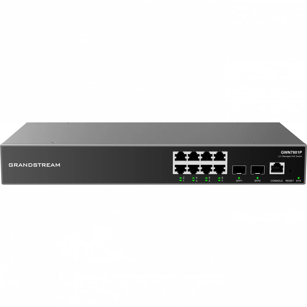Grandstream GWN7801P - — это управляемые сетевые коммутаторы уровня 2+, Порты - 8 PoE Gigabit Ethernet, Порты SFP – 2 Gigabit Ethernet, Макс. суммарная мощность PoE - 120 Вт, Скорость коммутации – 2