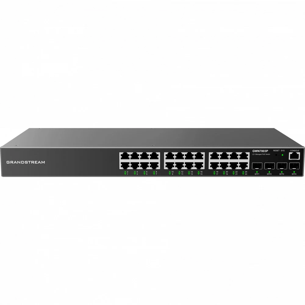 Grandstream GWN7803P - — это управляемые сетевые коммутаторы уровня 2+, Порты - 24 PoE Gigabit Ethernet, Порты SFP – 4 Gigabit Ethernet, Макс. суммарная мощность PoE - 360 Вт, Скорость коммутации –
