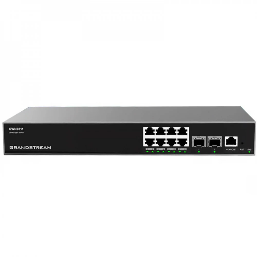Коммутатор, Grandstream, GWN7811, Управляемый L3, 8 портов RJ-45 10/100/1000 Мбит/с, 2 порта SFP+, без вентилятора, Настольный/в стойку