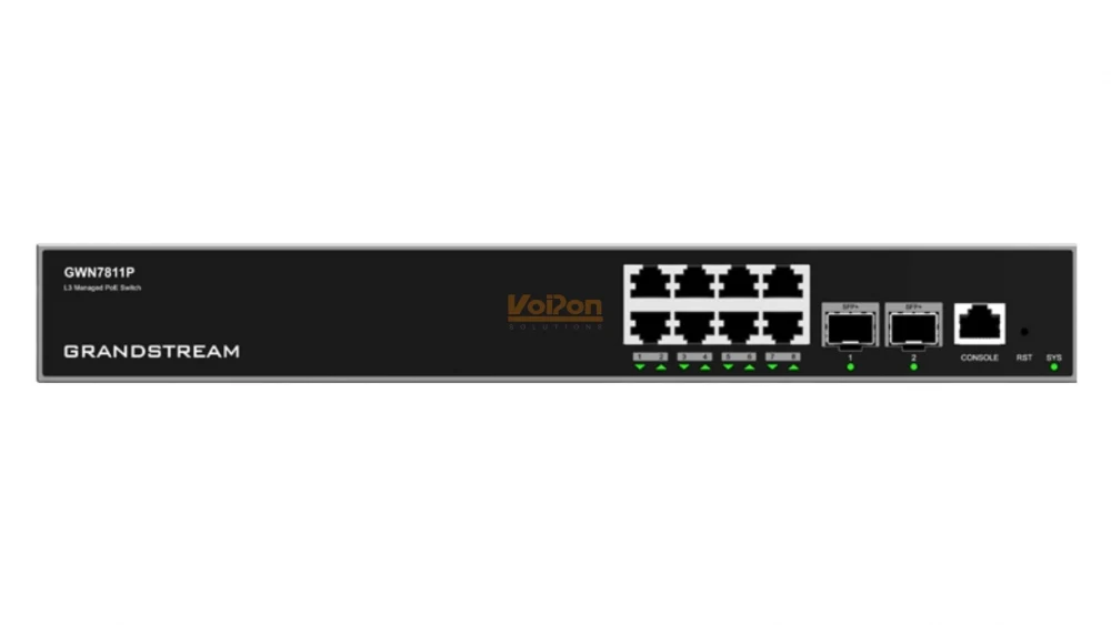 Коммутатор, Grandstream, GWN7811P, Управляемый L3, 8 портов RJ-45 10/100/1000 Мбит/с, 2 порта SFP+, PoE 802.3 af/at, до 30 Вт на порт, бюджет 120 Вт, Настольный/в стойку