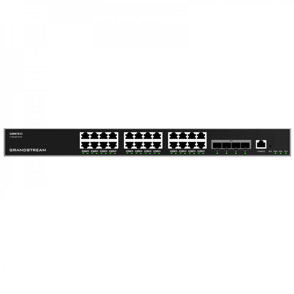 Коммутатор, Grandstream, GWN7813, Управляемый L3, 24 порта RJ-45 10/100/1000 Мбит/с, 4 порта SFP+, стеки4руемый, дополнительный резервный блок питания (опция), настольный/в стойку