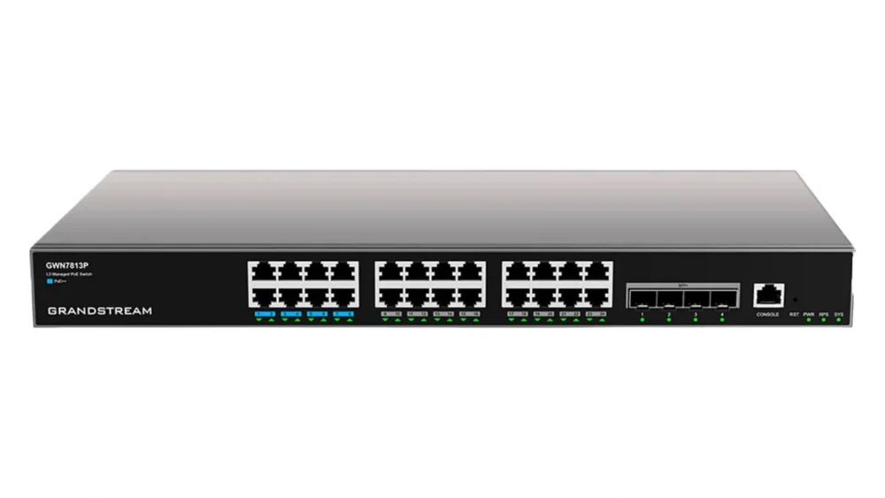 Коммутатор, Grandstream, GWN7813P, Управляемый L3, 24 порта RJ-45 10/100/1000 Мбит/с, 4 порта SFP+, 802.3af/at/bt, Макс. суммарная мощность PoE 360 Вт, дополнительный резервный блок питания (опция),
