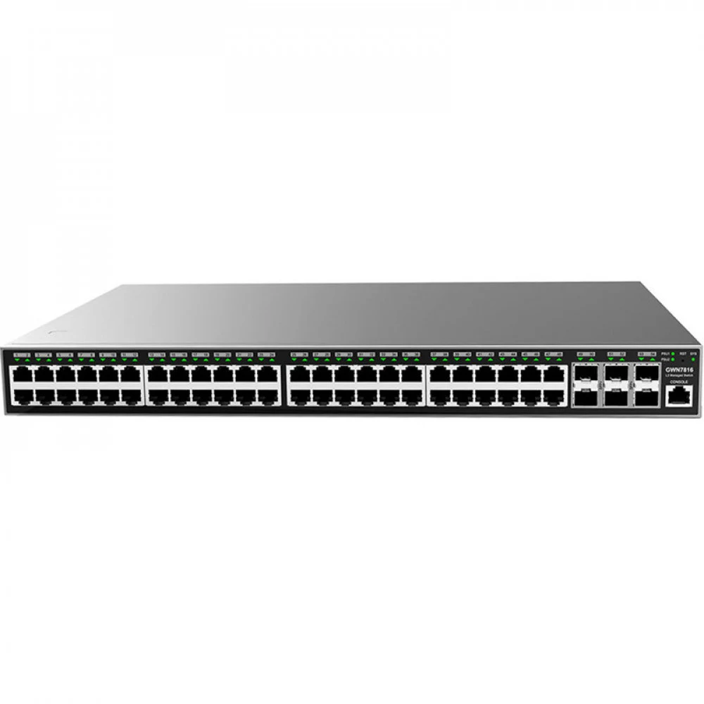 Коммутатор, Grandstream, GWN7816, Управляемый L3, 48 портов RJ-45 10/100/1000 Мбит/с, 6 портов SFP+, дополнительный резервный блок питания (опция), Настольный/в стойку