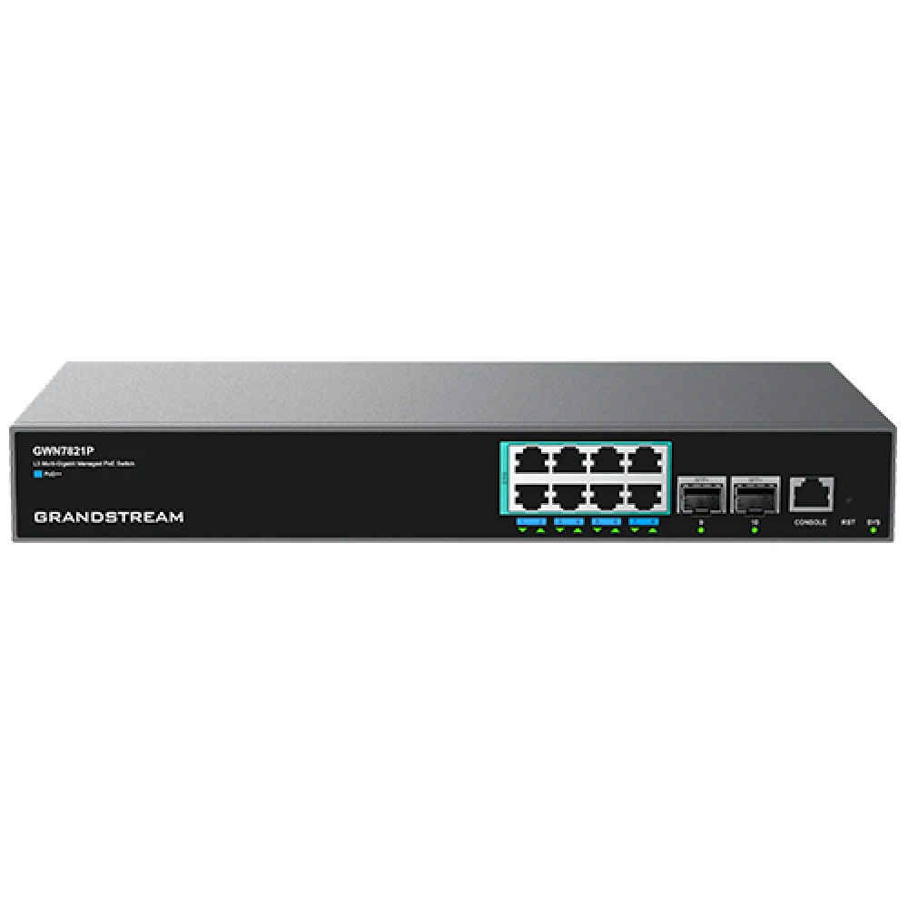 Коммутатор, Grandstream, GWN7821P, Управляемый L3, 2 порта SFP+, 8 портов 2,5G (RJ-45), 802.3 af/at, до 60 Вт, Общая мощность POE: 240 Вт, Встроенный блок питания