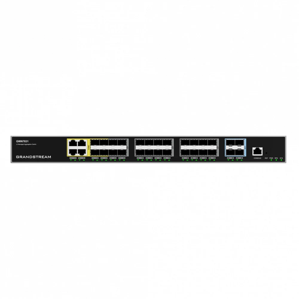 Коммутатор, Grandstream, GWN7831, Управляемый L3, 24 порта SFP, 4 порта SFP+, 4 комбо порта RJ-45/SFP, дополнительный резервный блок питания (опция), Настольный/в стойку