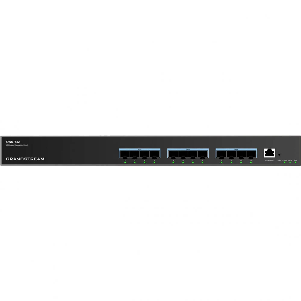 Коммутатор, Grandstream, GWN7832, Управляемый L3, 12 портов SFP+, дополнительный резервный блок питания (опция), Настольный/в стойку