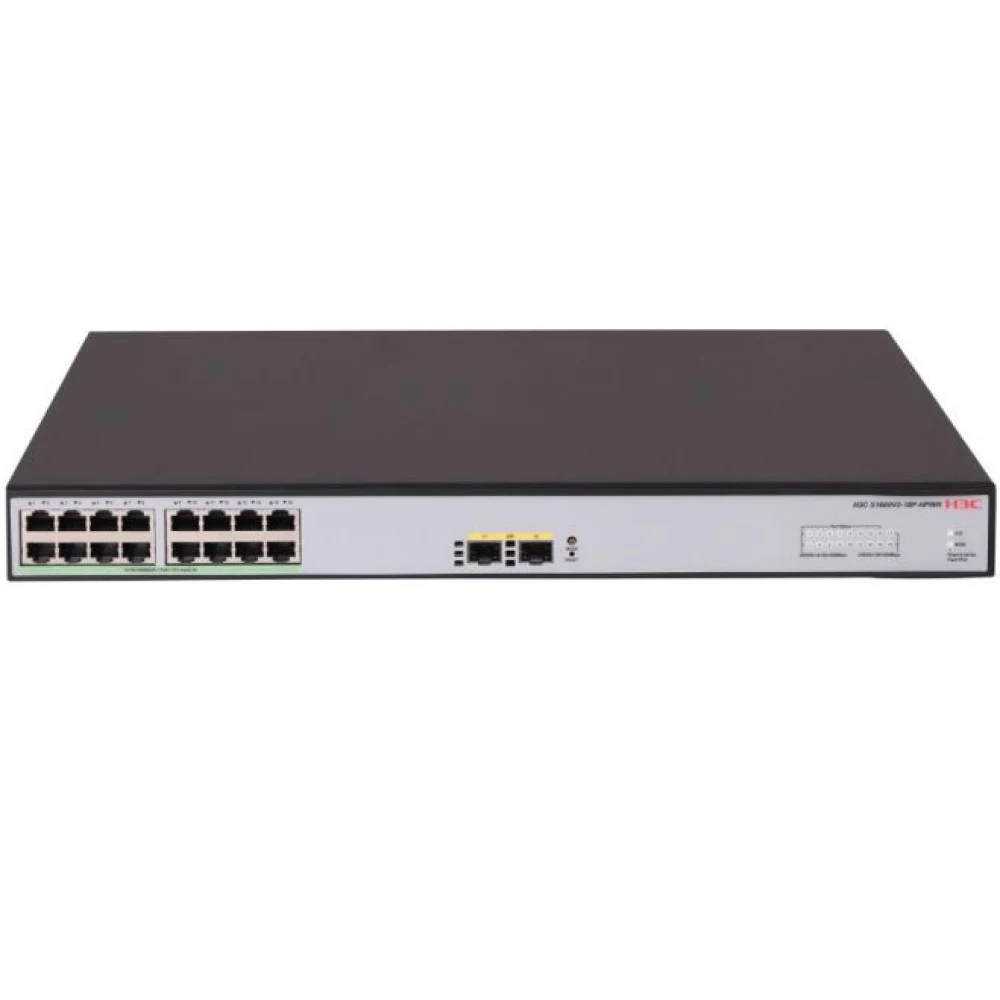Коммутатор, H3C, LS-1600V2-18P-HPWR-GL, управляемый L2, 16*10/100/1000BASE-T RJ45 PoE+ , 2*1G SFP, 15.4W (802.3af) на 15 портов, 30W (802.3at) на 8 портов, Total PoE 240W