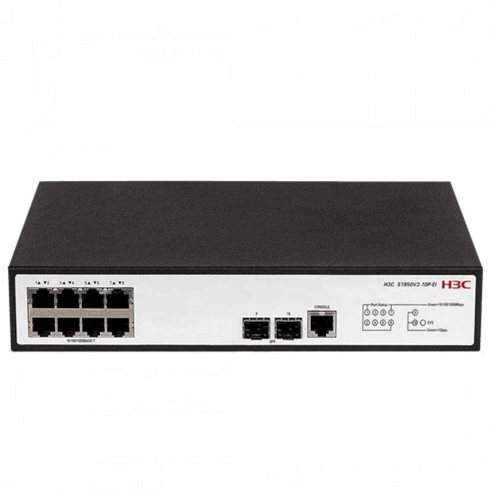 Коммутатор, H3C, LS-1850V2-10P-EI-GL, Управляемый L2, 8 портов 10/100/1000M, 2 порта 1000M SFP, AC 100~240 В, -5°C ~ +50°C, стоечный